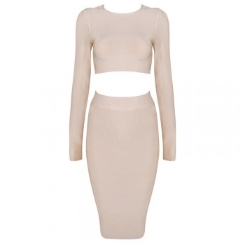 'Sila' nude two piece bandage dress with long sleeves